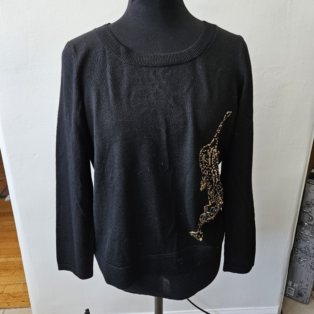 NWT Milly 100% merino wool beaded cheetah pullover sweater size L